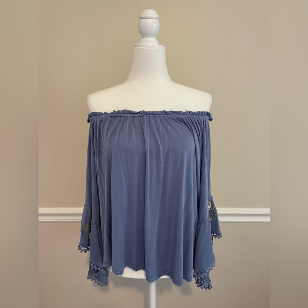 ALTAR'D STATE Blue Blouse Off Shoulder Boho Tassel Floral Women's Size Medium